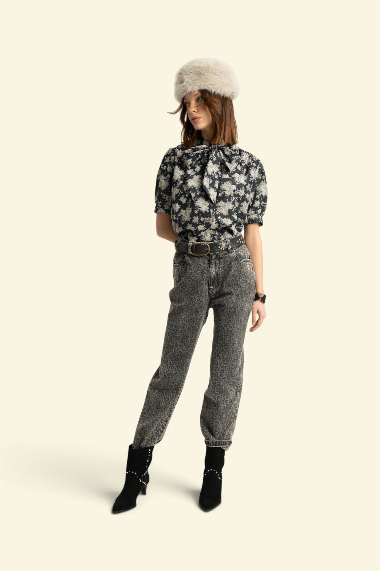 Trousers washed black denim w animal print sisters department